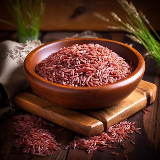 Photo red rice in wooden bowl on table