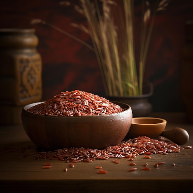 Red Rice in Wooden Bowl on Table