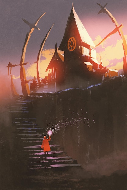 Photo the red riding hood climbing on stairs to the witch castle at sunset with digital art style, illustration painting