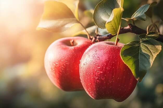 Red ripe apples hanging on a branch