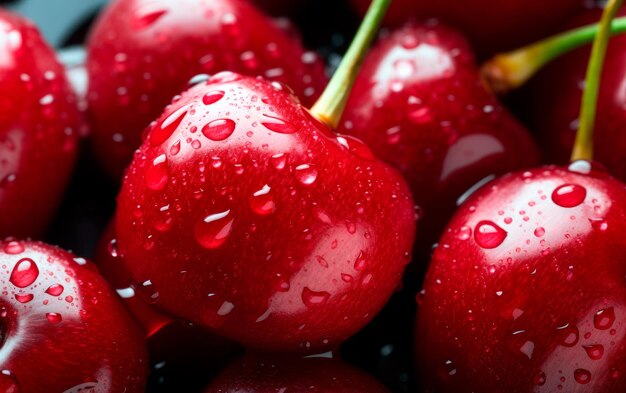 Red ripe cherries closeup with water dropplets