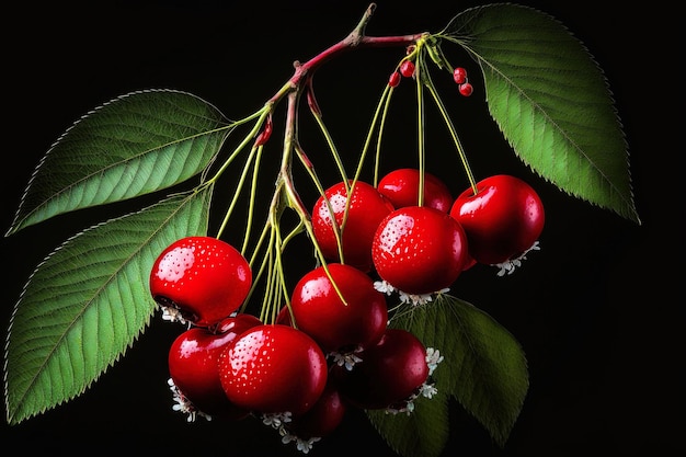 Red ripe cherries in a side shot isolated on black with copy space