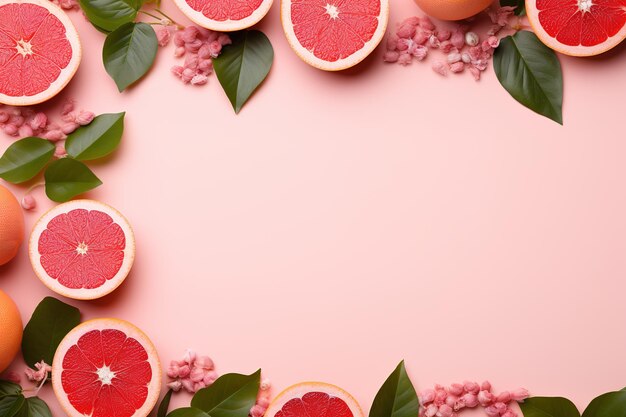 red ripe grapefruit frame on pink background top view fresh fruit template with copy space