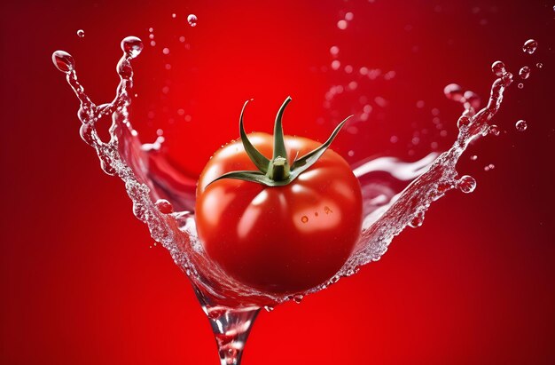 Foto tomato rosso maturo con gocce d'acqua le gocce di pomodoro spruzzano in direzioni diverse