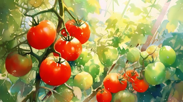 Photo red ripe tomatoes on a brabch illustration generative ai