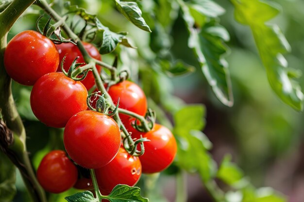 Photo red ripe tomatoes hanging on a branch in organic farm