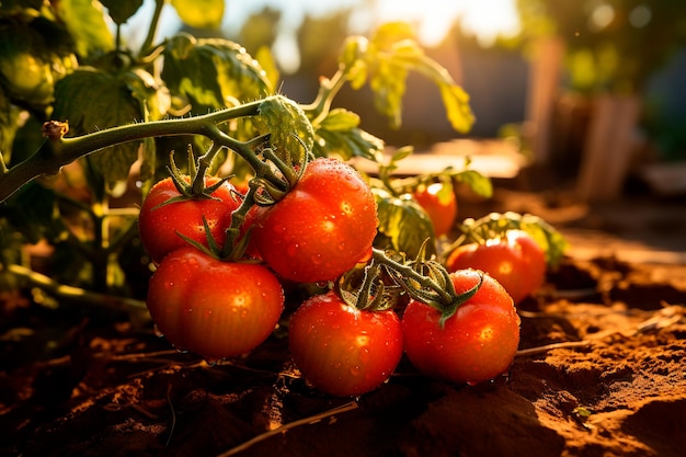 red ripe tomatoes on the vine in the garden