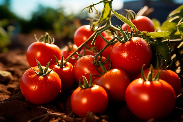 red ripe tomatoes on the vine in the garden