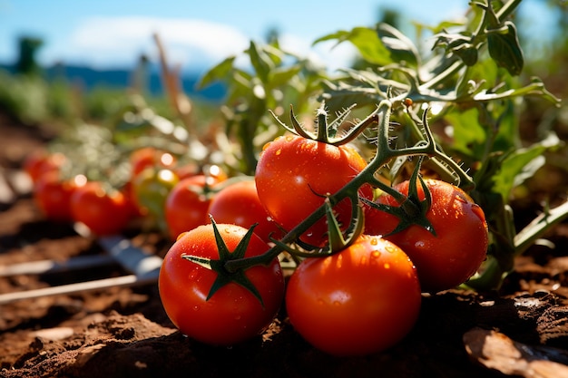 red ripe tomatoes on the vine in the garden