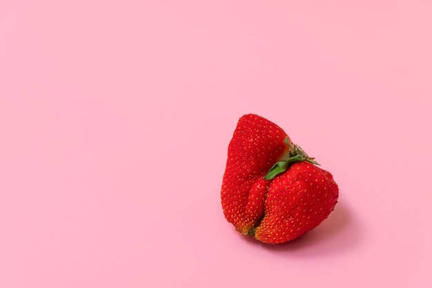 텍스트를 위한 공간이 있는 파스텔 분홍색 배경에 빨간색 익은 못생긴 딸기. 음식물 쓰레기 개념