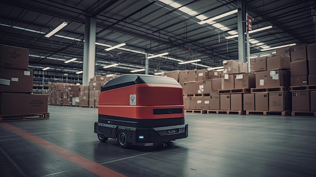 A red robot is driving in a warehouse.