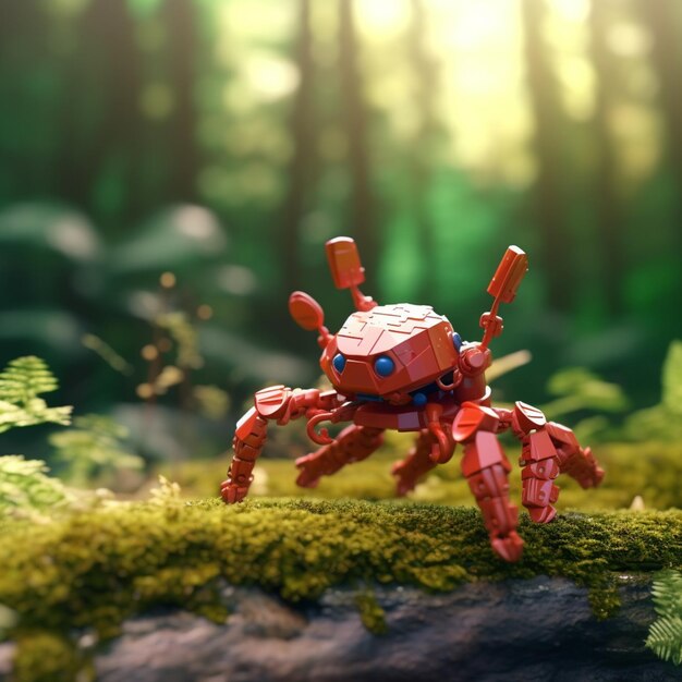 A red robot is standing on a mossy log in the forest.