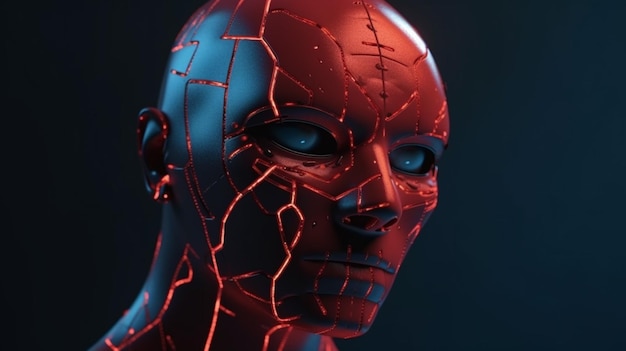 A red robot with cracked skin and a black background.