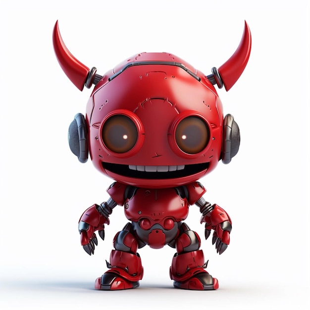 A red robot with horns and a head with a smile on it.