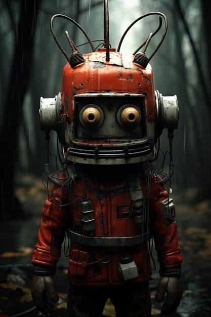 красный робот в красном костюме и черный фон со словами "робот"