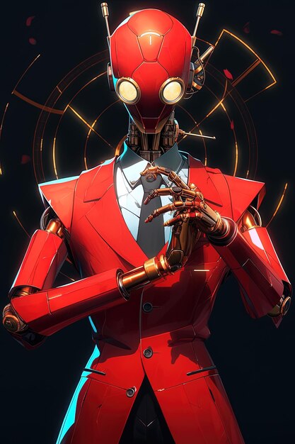 Photo a red robot with a red suit and a silver arm that says robot