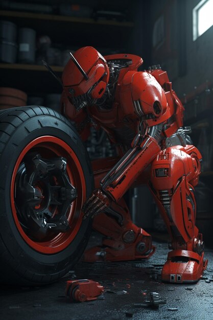 A red robot with a tire on it