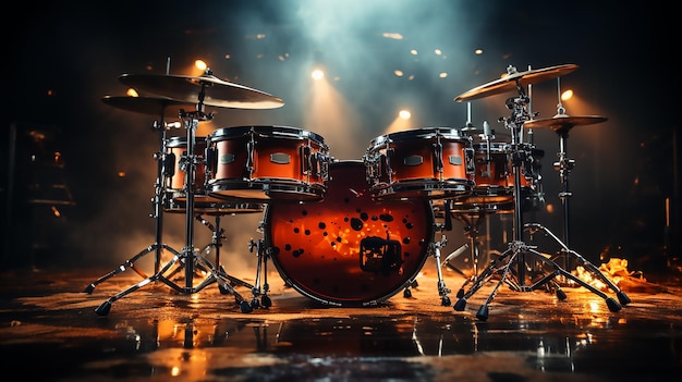A red rock drum kit up on stage lit from behind with spot lights