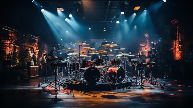 Красная барабанная установка на сцене, освещенная сзади прожекторами