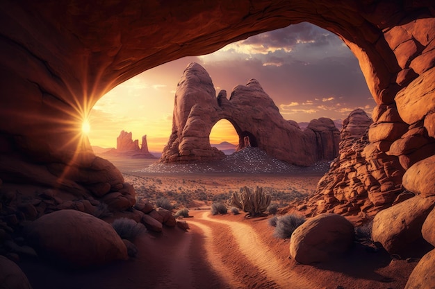 Красные скальные образования арки на закате в пустыне, созданные с помощью генеративного ИИ