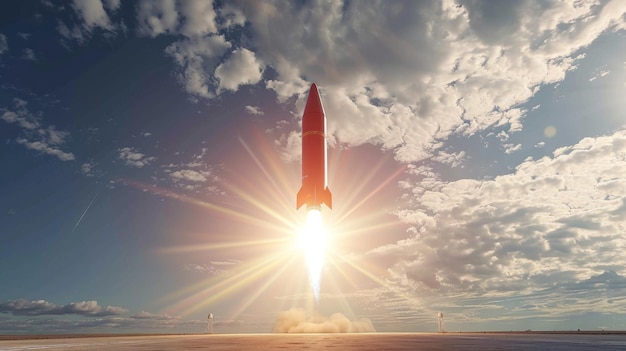 Red Rocket Launching Towards Sun in Sky