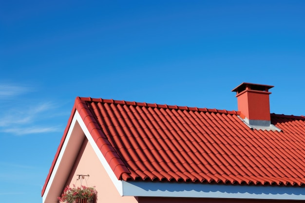 A red roof with a plant growing out of it