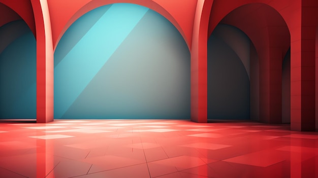 a red room with arches and tile floor