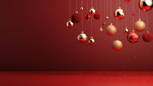 a red room with balls hanging from the ceiling.