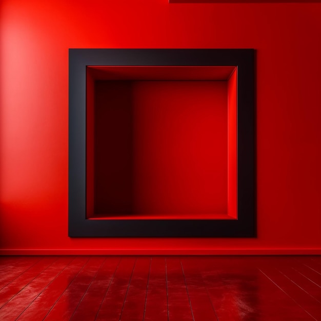 A red room with a black square opening in the middle.