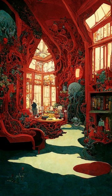 A red room with a bookcase and a bookcase with a man in a blue suit.