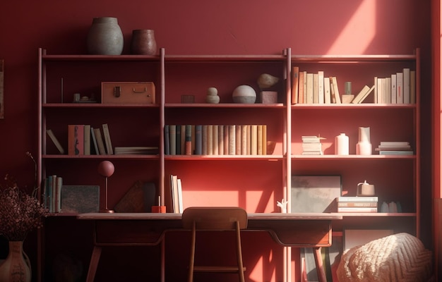 A red room with books and a shelf with books on it