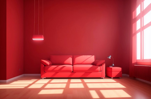 A red room with a couch and a lamp hanging from the ceiling