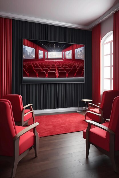 Red room with curtains and a smartphone screen opposite the chairs concept of mobile internet cinema movie premiere business conference or theater mock up 3d rendering