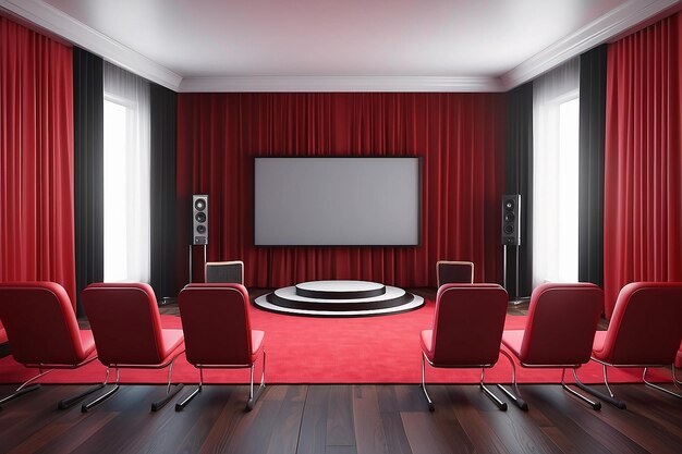 Red room with curtains and a smartphone screen opposite the chairs concept of mobile internet cinema movie premiere business conference or theater mock up 3d rendering