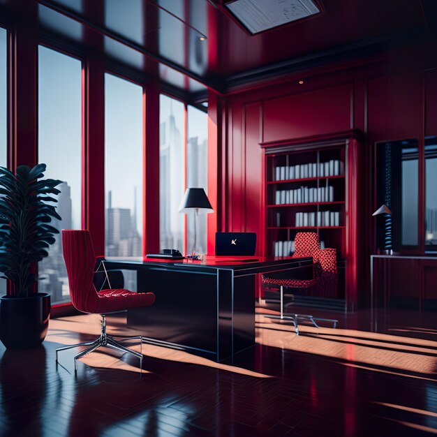 Photo a red room with a desk and a plant on the window