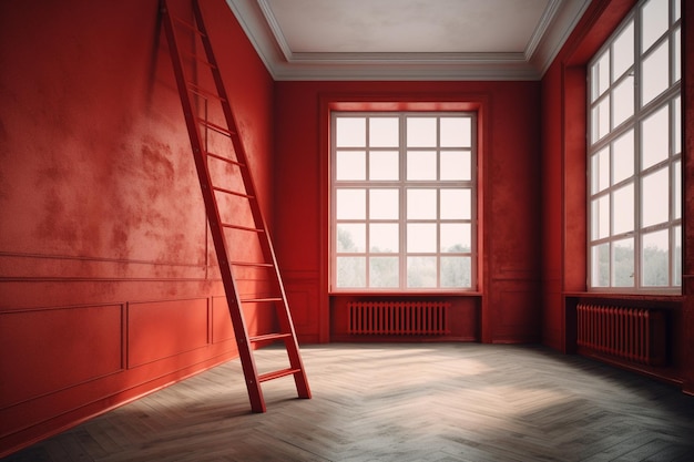 A red room with a ladder and a window