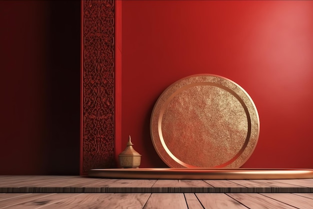 A red room with a large plate and a pot on the floor.