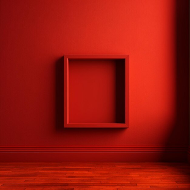 Красная комната с картинной рамкой на стене.