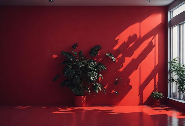 A red room with a plant in the corner