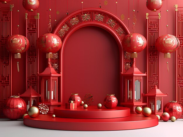 A red room with a red archway and red ornaments