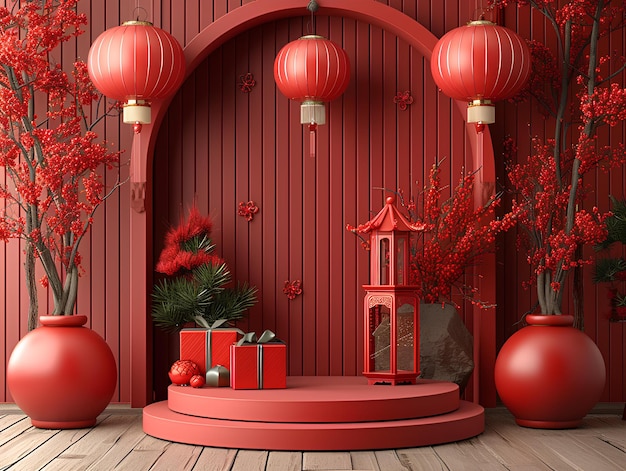 A red room with a red table and red lanterns