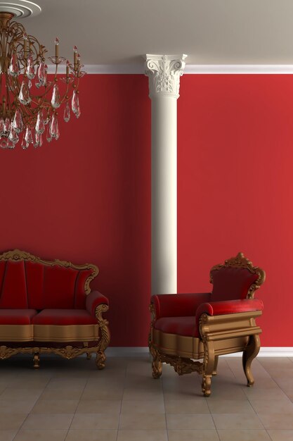 a red room with red walls and red chairs with a chandelier hanging from the ceiling