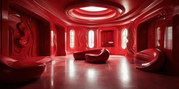 A red room with a round ceiling and a round window.