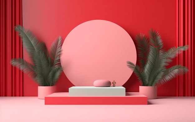 A red room with a round mirror and plants on a platform generative ai