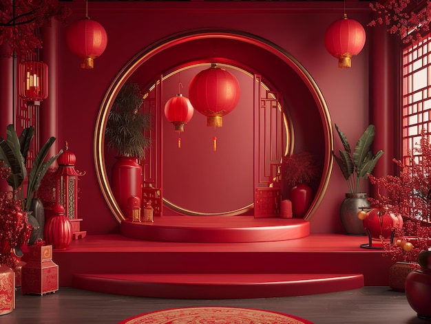 A red room with a round mirror and red decorations