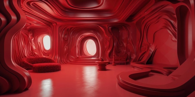 A red room with a round table and a round table with a red circle on it.