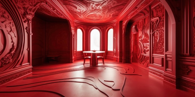 A red room with a table and chairs in the center.