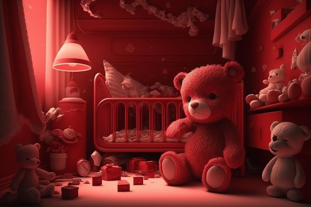 A red room with a teddy bear and a red crib.