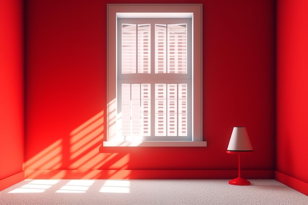 A red room with a window and a lamp