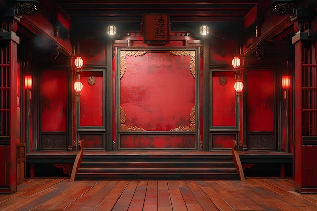 A red room with a wooden floor and a red wall with a gold framed picture on it and two red lanterns